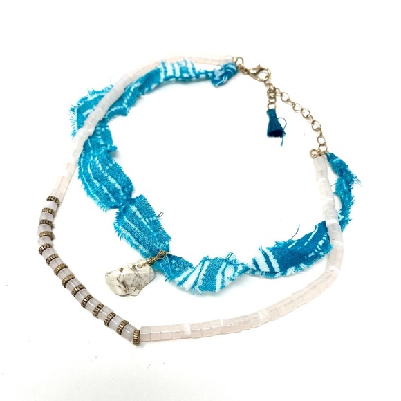 New Free People Remy Choker Bandana Beaded Necklace Layered Stone Blue - Picture 5 of 7